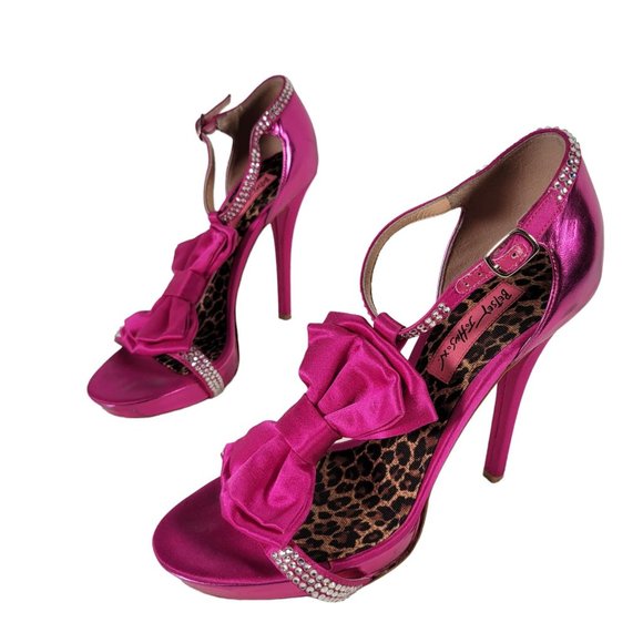 Betsey Johnson Shoes - Betsey Johnson Barbiecore Pink Satin Rhinestones Bow Stiletto Shoes Women Sz  7